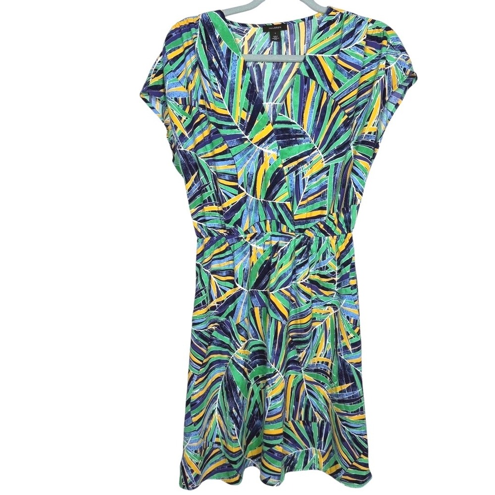 Halogen blue, green, and yellow tropical print dress with pockets - small